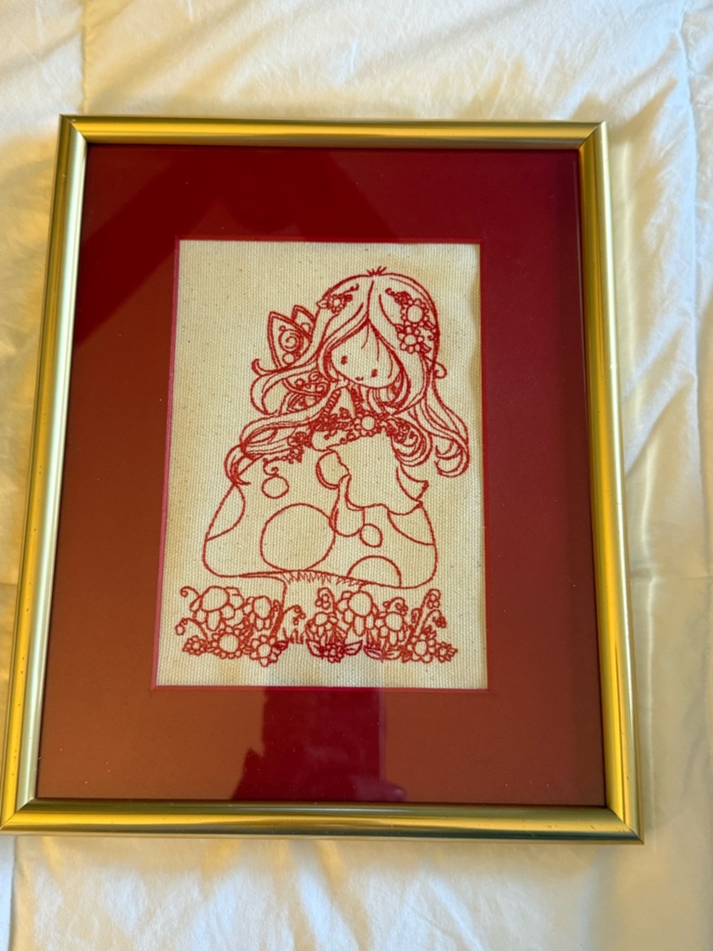 Handmade Framed Redwork Embroidered Fairy Mushroom Wall Art Matted Needlework